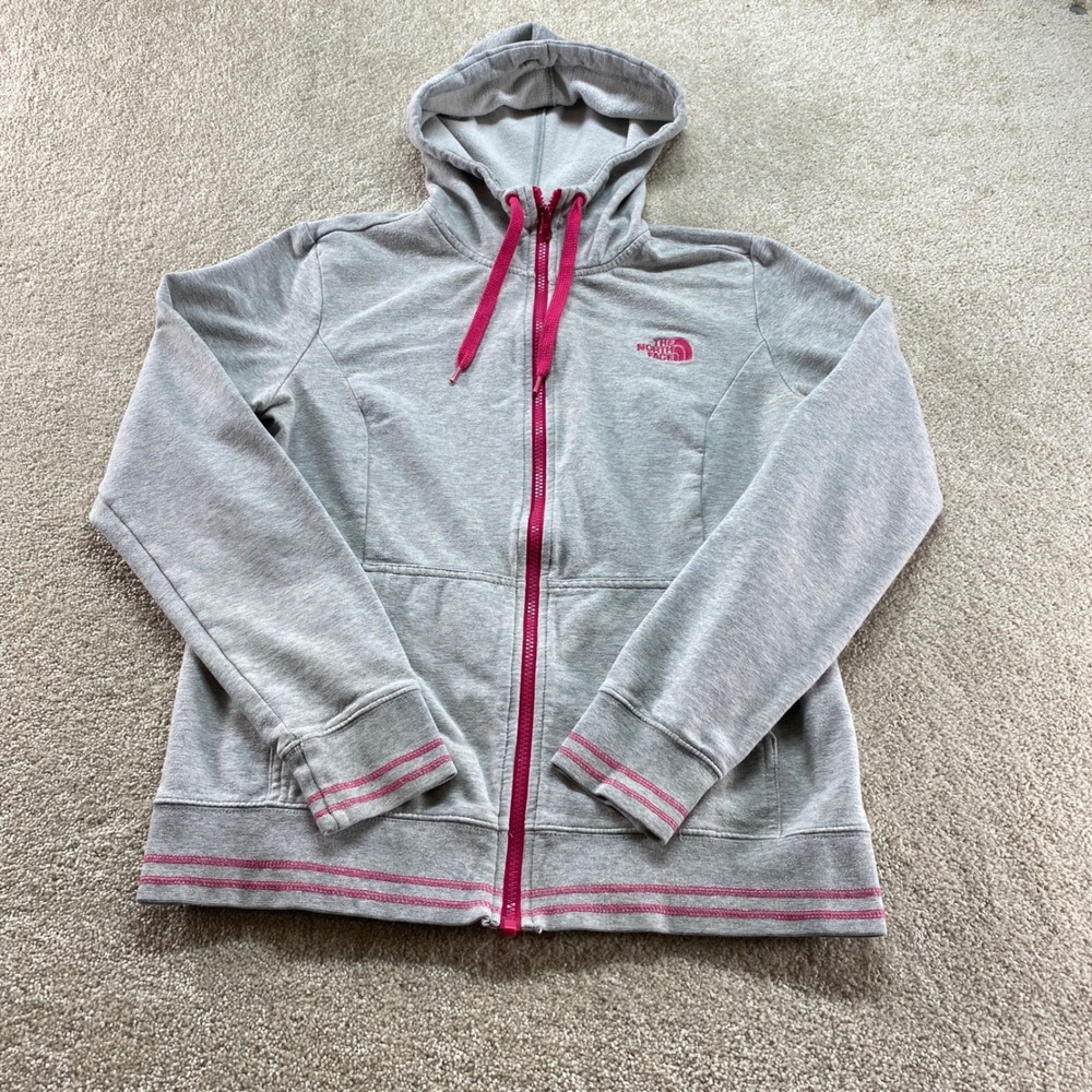The North Face Full Zip Hoodie Womens Large Gray Pink Logo‎ Sweatshirt